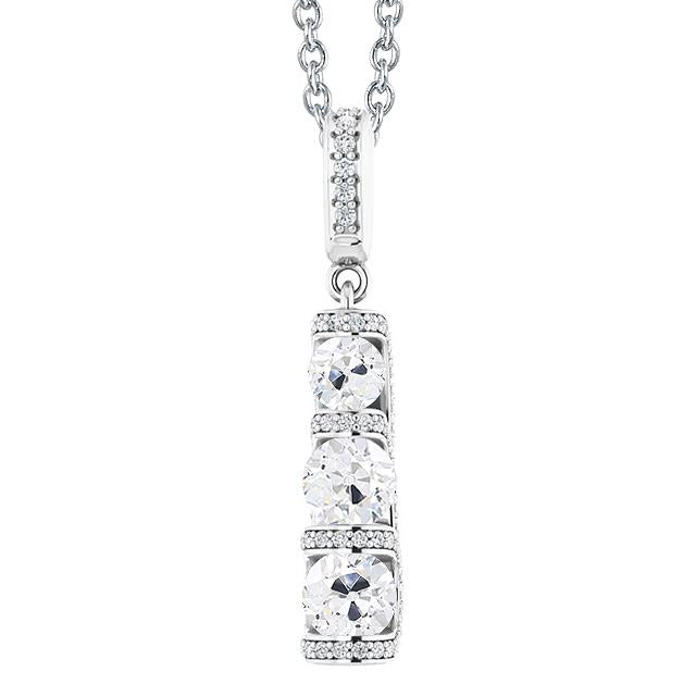 Pendentif Véritable Diamant Or Blanc 3 Pierres Style Rond Vieux mineur 4.50 Carats