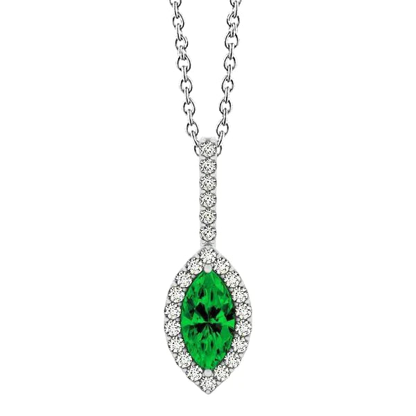Pendentif émeraude Vert en forme de marquise avec diamants 5 ct en or blanc 14K