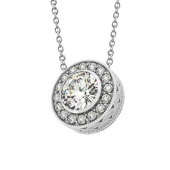Pétillant 2.00 Ct. Pendentif Millgrain Réel Diamant Rond Sans Chaîne WG 14K