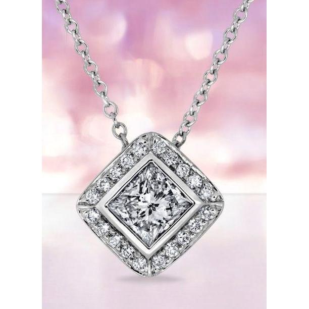 Princesse Et Halo Rond 4 Ct. Pendentif Collier Réel Diamant Or Blanc 14K