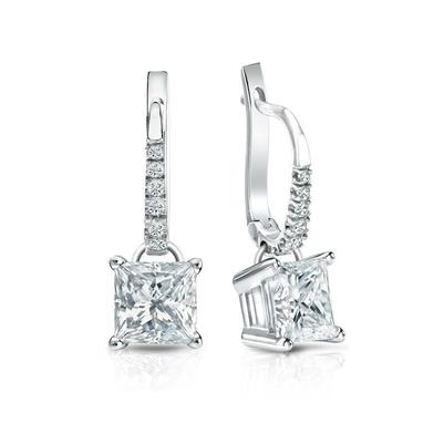 Princesse et Coupe Ronde 3.50 ct. Boucles D'oreilles Pendantes Réel Diamants Or Blanc