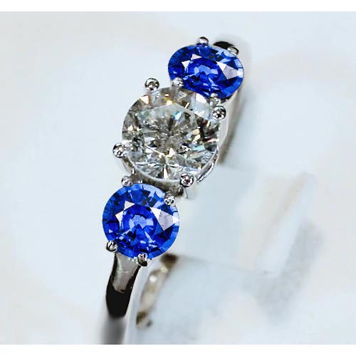 Réel Bague 3 Pierres Diamant & Saphir Bleu 3.50 Carats Sertissage Cathédrale