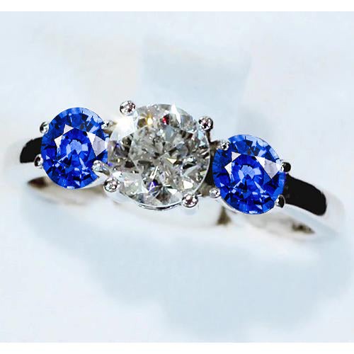 Réel Bague 3 Pierres Diamant & Saphir Bleu 3.50 Carats Sertissage Cathédrale
