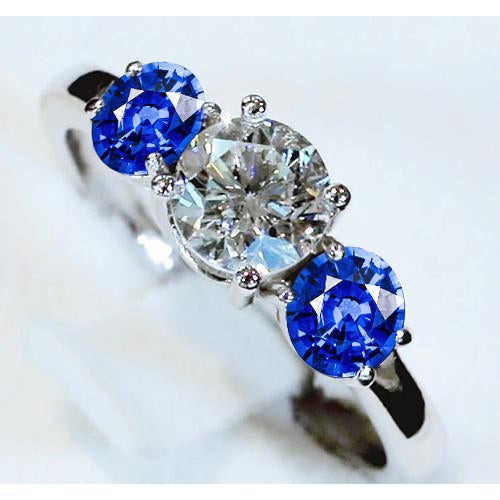 Réel Bague 3 Pierres Diamant & Saphir Bleu 3.50 Carats Sertissage Cathédrale