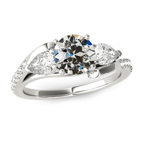 Réel Bague Diamant Poire & Rond Vieux mineur Style 3 Pierres 4.50 Carats