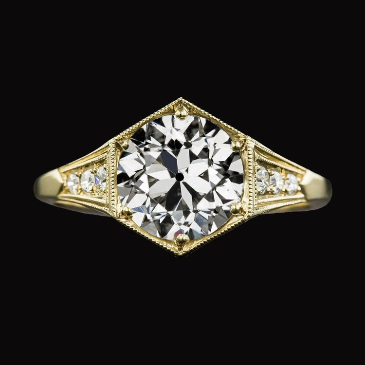 Réel Bague Diamant Rond Taille Vieille Mine Tige Conique Or Jaune 3.50 Carats