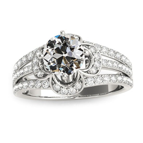 Réel Bague Diamant Taille Ancienne Style Fleur Triple Rang Accents Or 5.50 Carats