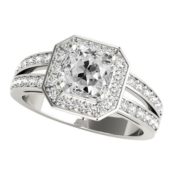 Réel Bague Halo Diamants Taille Ancienne Ronds & Coussins Tige Fendue 5 Carats