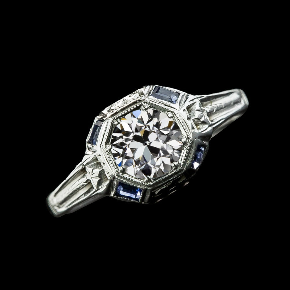 Réel Bague Saphir Ceylan Diamant Baguette Ronde Taille Vieille Mine 2.75 Carats