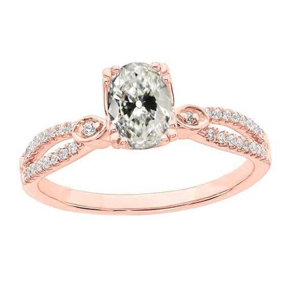 Réel Bague diamant rond et ovale Vieux mineur tige fendue en or 3.50 carats