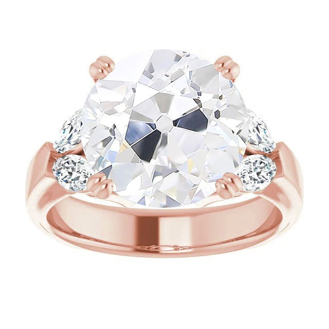 Réel Bague diamant rond taille ancienne sertie de 5 pierres double griffes or rose 9 carats