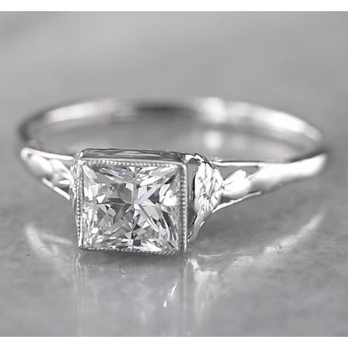 Réel Bague diamant solitaire princesse 1 carat style fuselé en or blanc 14K