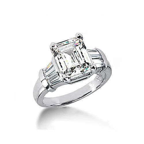 Réel Diamant Taille Emeraude 3 Ct. Bague Trois Pierres En Or Blanc