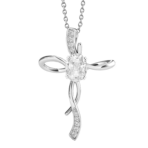 Réel Diamant taille ronde et ovale pendentif style croix en or blanc