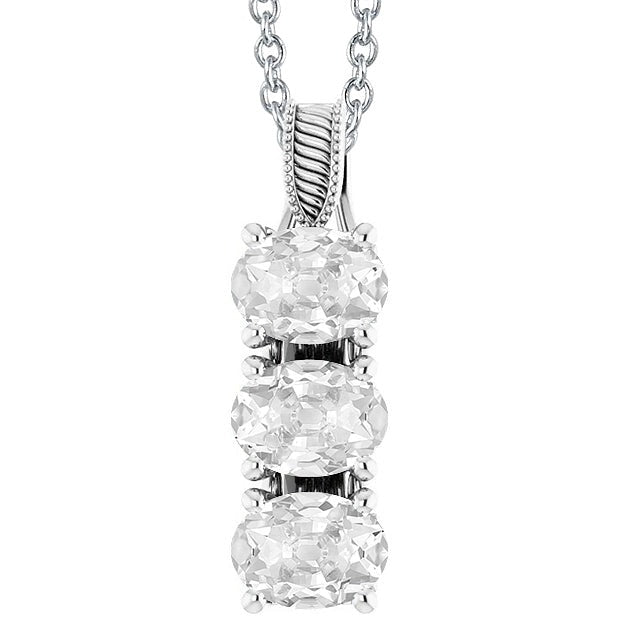 Réel Pendentif Diamant Or Blanc 14K 3 Pierres Ovale Vieux mineur 6 Carats