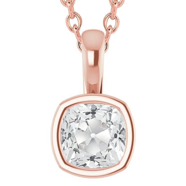 Réel Pendentif En Or Rose 5 Carats Coussin Avec Lunette Taille Ancienne Et Bélière 14K