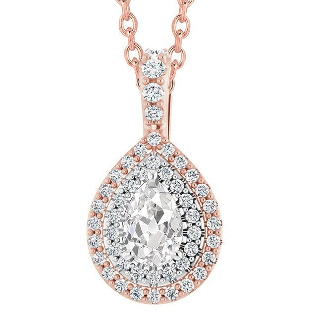 Réel Pendentif Halo Diamant Poire ancienne mine Cut 6 Carats Deux Tons 14K