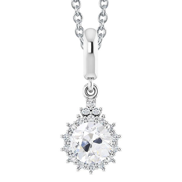 Réel Pendentif Halo Diamant Rond Or Blanc 14K Taille Ancienne 3 Carats