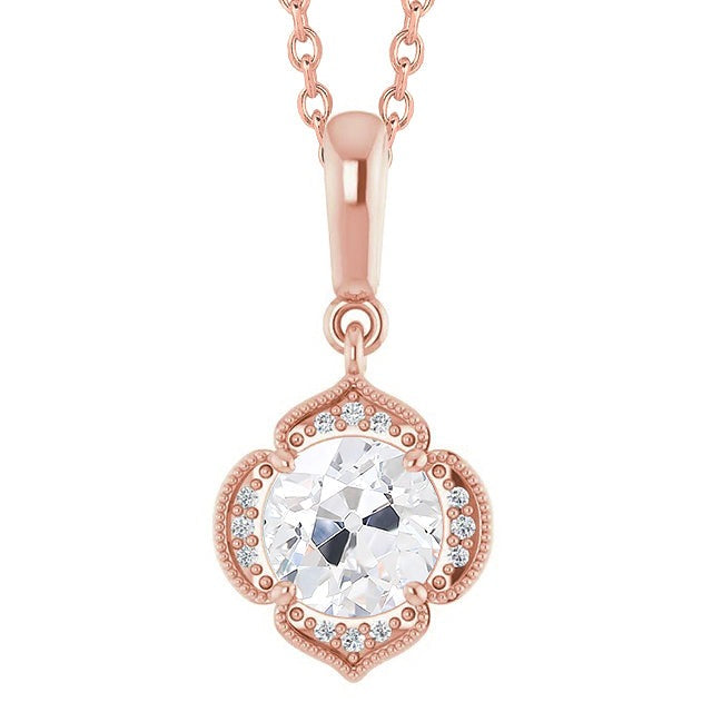 Réel Pendentif diamant rond Halo Slide Vieux mineur 2 carats serti de griffes en or rose