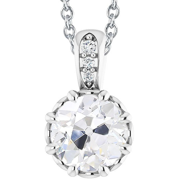 Réel Pendentif diamant rond taille vieille mine 5 carats or blanc 14 carats serti de griffes