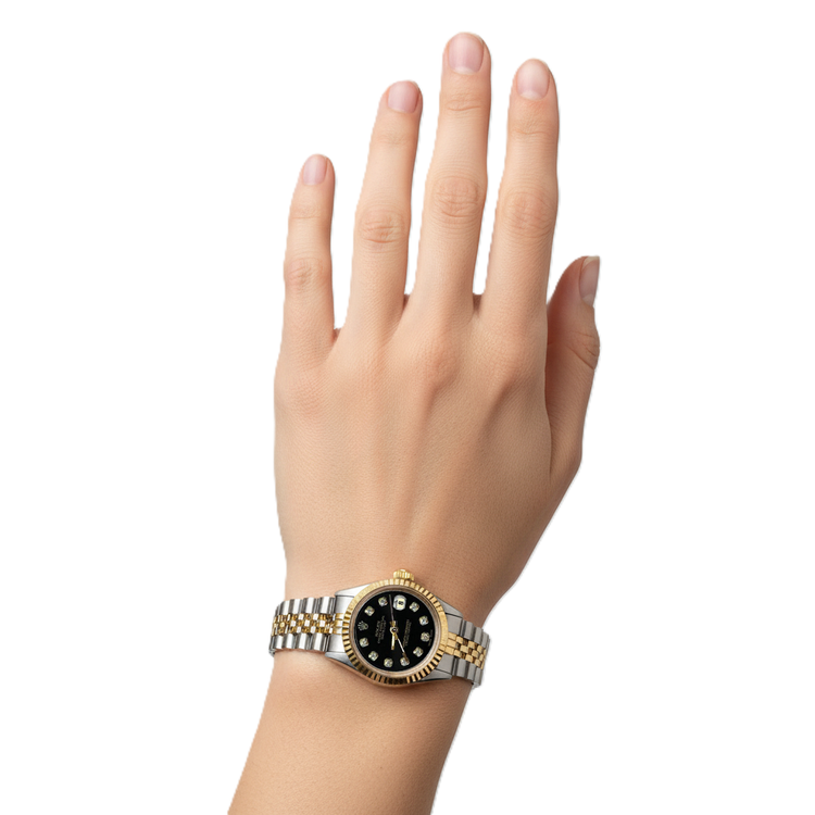 Regarder Datejust cannelée en acier inoxydable et or pour femme avec cadran en diamant noir Rolex