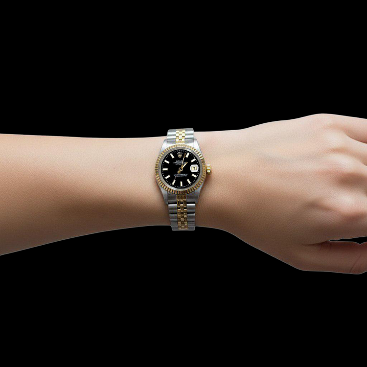 Regarder Rolex Datejust pour femme, cadran bâton noir, SS et jubilé d'or