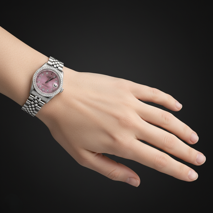 Regarder Rolex acier inoxydable Jubilé de taille moyenne avec cadran en diamant rose et lunette P2