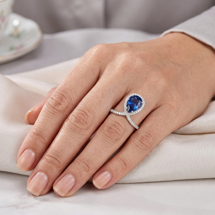 Rehausseur de bague diamant poire Halo Saphir bleu naturel 3.50 carats