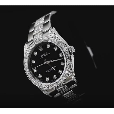 Rolex Cadran noir sans date Montre de taille moyenne Diamants personnalisés 6 ct. acier inoxydable2