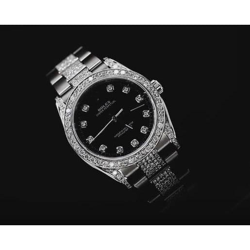 Rolex Cadran noir sans date Montre de taille moyenne Diamants personnalisés 6 ct. acier inoxydable