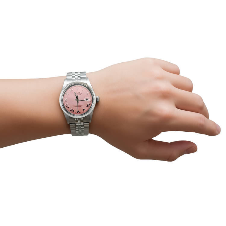 Rolex Cadran romain rose Datejust Regarder Rolex Lunette cannelée acier inoxydable jubilé ensemble rapide