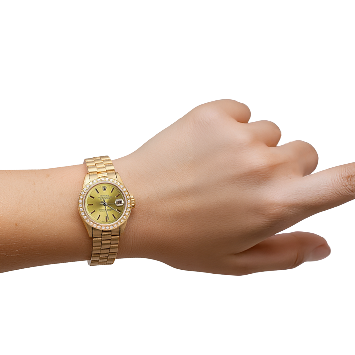 Rolex Champagne Cadran à bâton President Montre Datejust Diamant Lunette or jaune P2