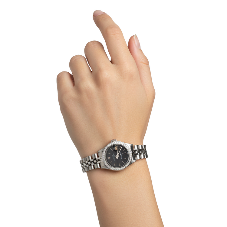 Rolex Dame Montre acier inoxydable Cadran bâton noir Rolex Date Serie Montre P4