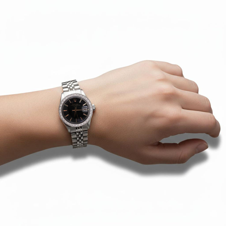Rolex Date cadran bâton noir lunette diamant montre femme acier inoxydable jubilé P4