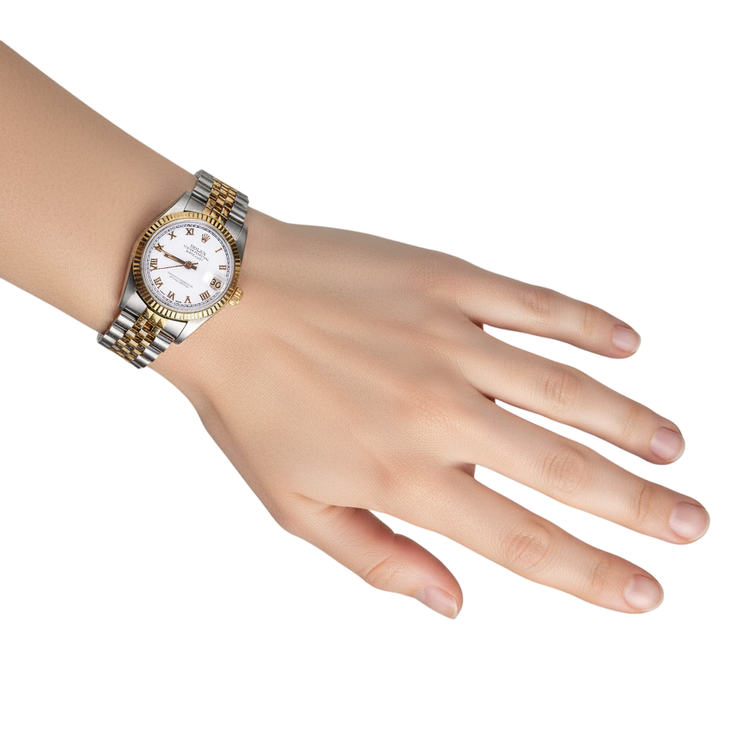 Rolex Datejust Montre de taille moyenne Cadran romain Lunette cannelée Bicolore Jubile P5