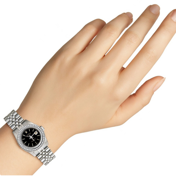 Rolex Datejust cadran bâton noir montre femme acier inoxydable bracelet jubilé