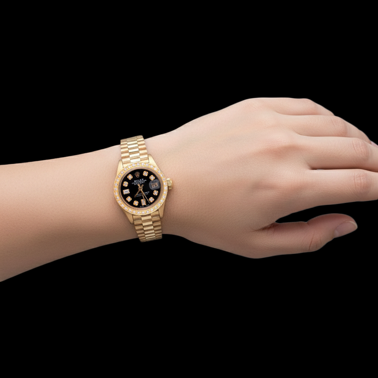 Rolex President Regarder Femme Cadran Diamant Noir Or Jaune