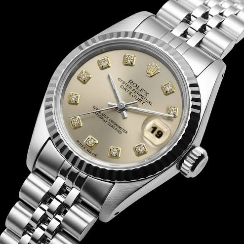 Rolex dame Datejust montre argent acier inoxydable jubilé bracelet lunette cannelée