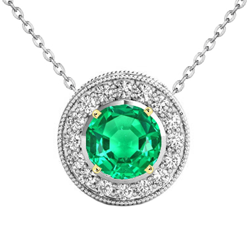 Émeraude Taille Ronde Collier Pendentif Pierre en Or 14K Bicolore – vue principale
