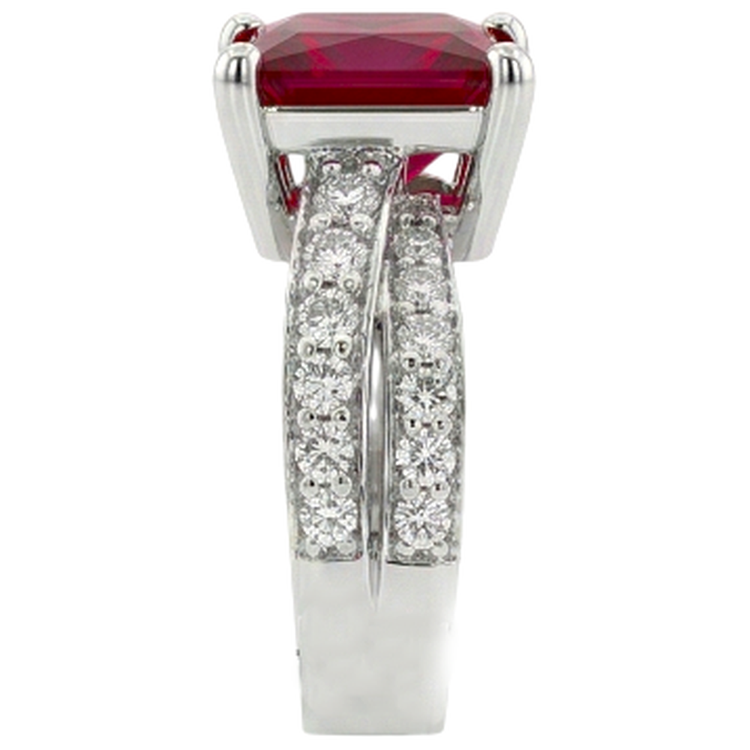 Rubis rouge taille princesse avec diamants 4.10 ct. Bague Or Blanc 14K