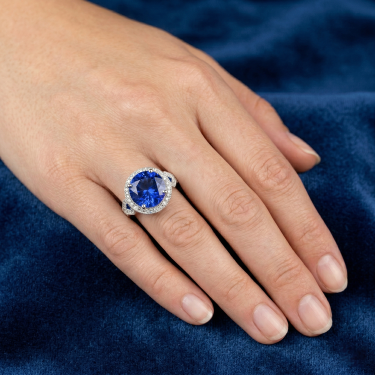 Saphir du Sri Lanka véritable rond 6 carats et diamants en or blanc 14K
