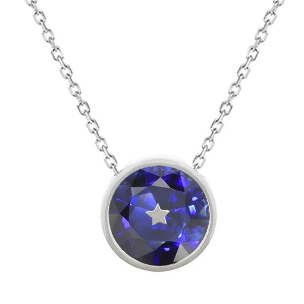 Solitaire Rond Saphir Bleu Naturel Pendentif Lunette Sertie 3 carats