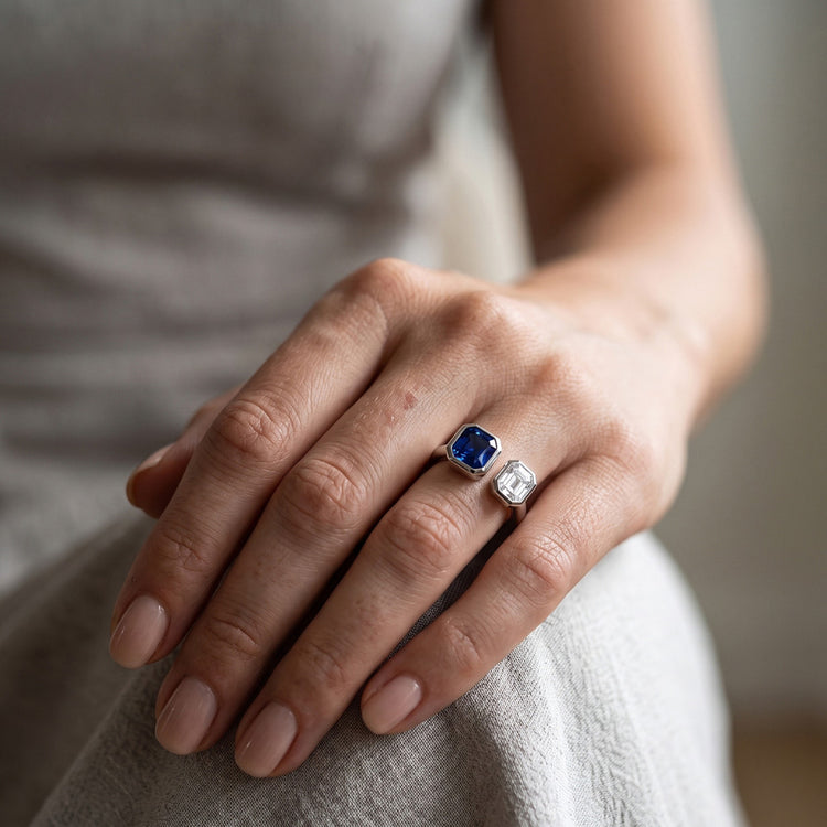 Toi et Moi Asscher Bague Diamant Serti Lunette Saphir Radiant 2.50 Carats