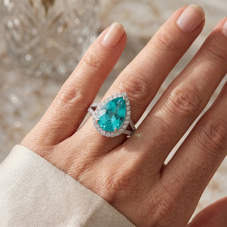 Tourmaline Paraiba Pavé Bague Sertie Halo 5,25 carats en Or 14K