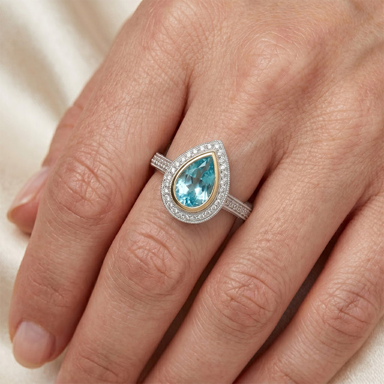 Tourmaline Paraiba VVS Bague Halo 1,75 carats en Or Deux Tons 14