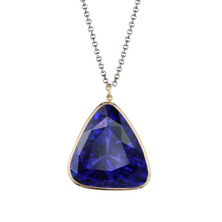 Trillion Saphir Bleu Solitaire Pendentif Lunette Set 14K Yellow