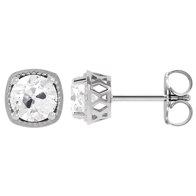 Diamant Coussin Antique Puces d'Oreilles en Or Blanc 14 Carats – vue de face