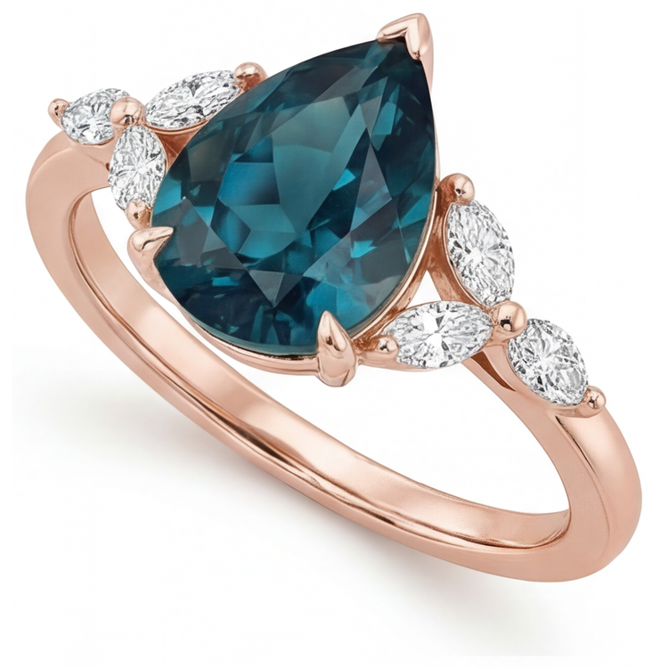 Alexandrite Goutte Bague Trilogie en Or Rose 14 Carats – vue d'angle