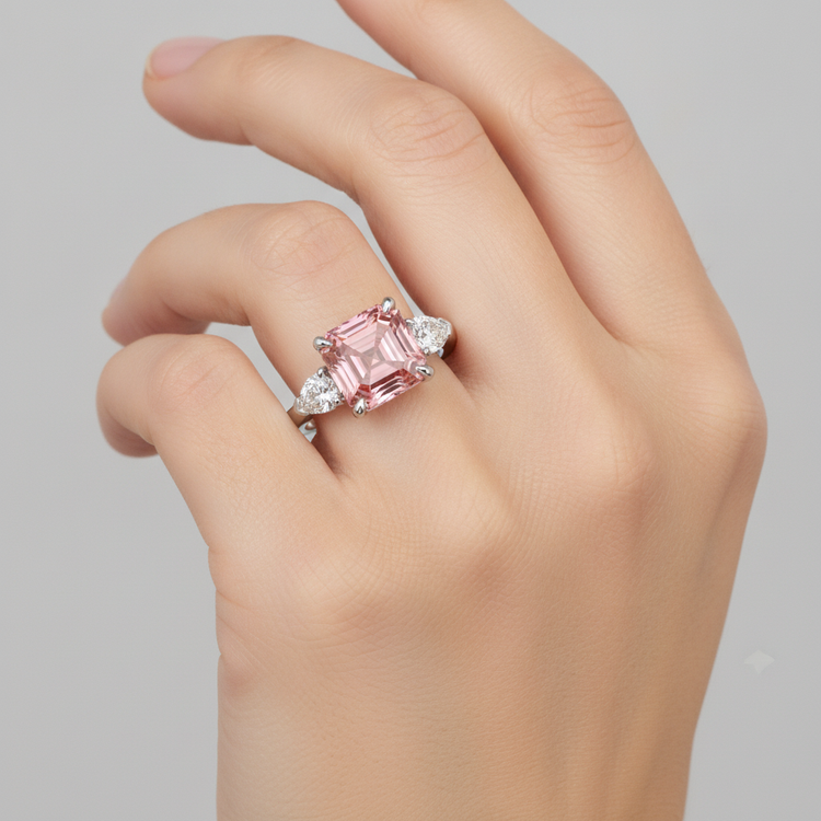 Bague Trilogie Saphir Padparadscha Véritable 3,6 Carats Taille Asscher et Trilliants Blancs en Platine