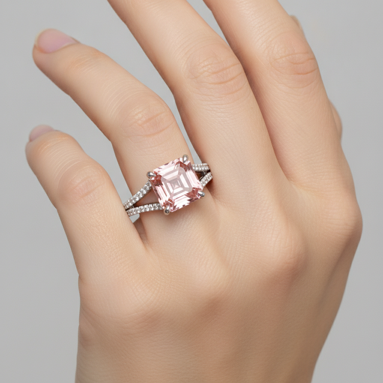 Bague Pavée en Or Blanc 14 Carats avec Saphir Padparadscha Pêche Naturel Taille Asscher de 3,8 Carats